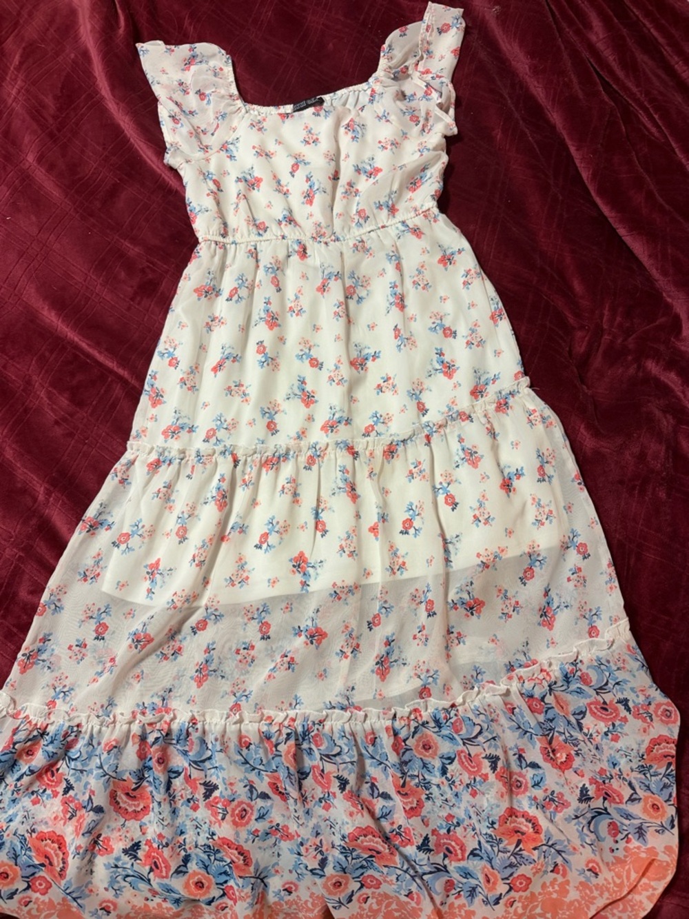 Cream Floral Tiered Maxi Dress for Girls with Flutter Sleeves
